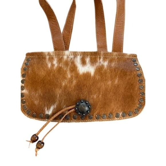 Myra Bag Brown Embossed Leather Backpack with Haircalf Flap main image 3